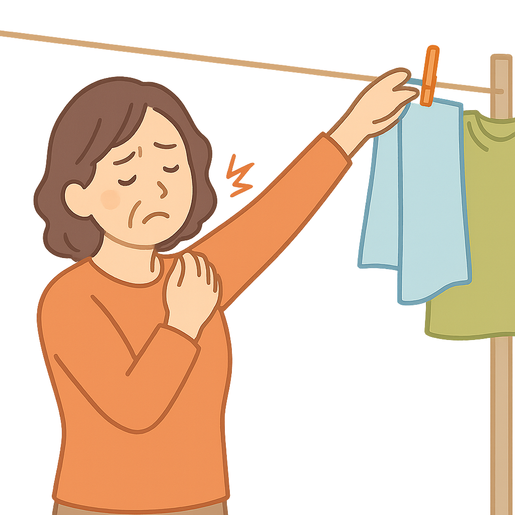肩の痛みを感じながら洗濯物を干す女性のイラスト